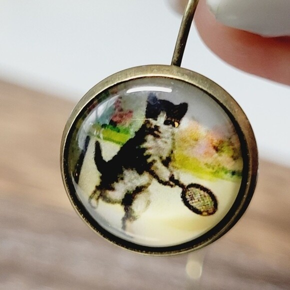 Vintage-style Playful Cat earrings Glass Cabochon Jacket Copper Alloy earrings - Picture 2 of 8